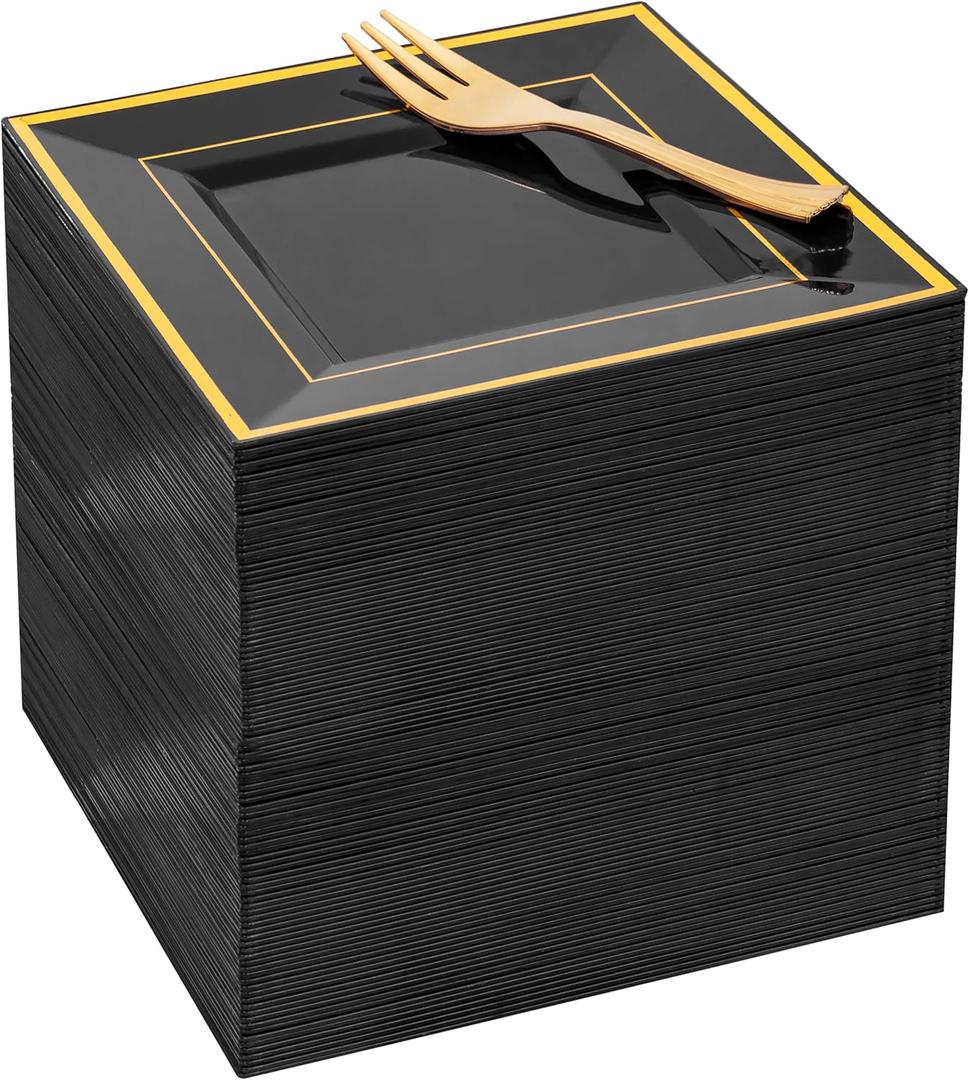 WDF 200PCS Black and Gold Plastic Dessert Plates with Plastic Forks -6 100 Square Disposable Appetizer Plates Small Plate Cake Plate with Gold Rim
