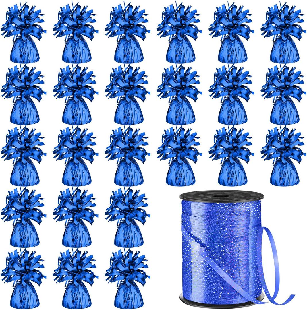 Yunsailing 24 Pcs Heavy Balloon Weights Metallic Anchor, 0.33 lb (5.3 oz) Each Table Weight and 1 Roll Iridescent Ribbon for Outdoor Wedding, Graduation, Birthday Party Decorations(Blue)
