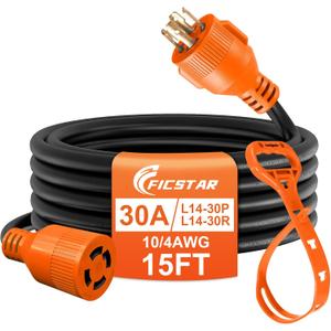 15 Ft 30 Amp 4 Prong Generator Extension Cord, NEMA L14-30P to L14-30R, 410 Gauge STW 125/250V Up to 7500W Generator Cable, ETL Listed (Orange)