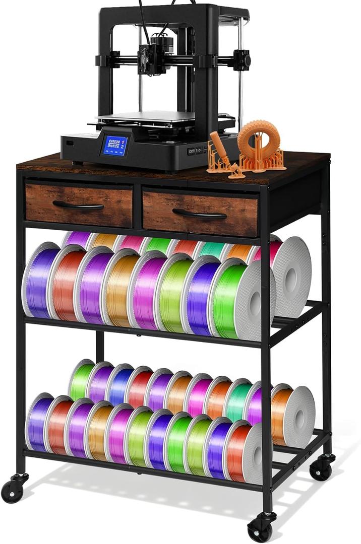 3D Printer Filament Storage Shelf with Drawers& Wheels, Heavy Duty 2-Tier 3D Printer Filament Metal Stand with Storage, Adjustable Filaments Organzied Rack for Workshop Studio Office, 4 Leveling Feet