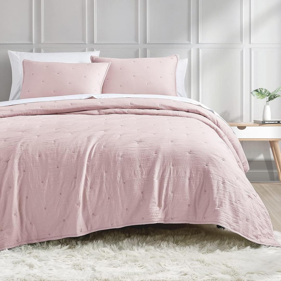 BOURINA Embroidery Quilt Set 3-Piece Oversized Queen Quilt Set Pre-Washed Microfiber Ultra Soft Lightweight Star Embroidery Bedspread Coverlet Set, Flesh Pink