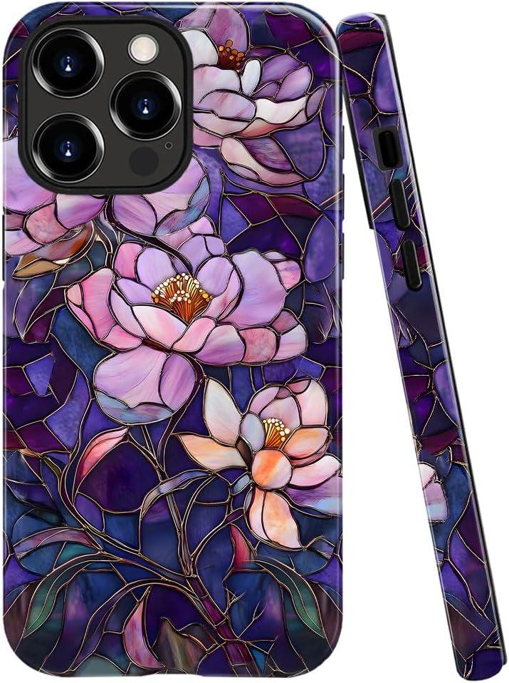 Case for iPhone 15 Pro,Fits Glossy Case Design for Girl Women,Stained Glass Flower Floral Purple