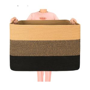 MINTWOOD Design 112L Extra Large Blanket Basket Holder Living Room, 25"x17"x16" Rectangle Rope Woven Storage Basket with Handles for Laundry, Pool Towels, Shoes, Dog Toy Organizer Bin Box, Black Jute