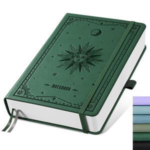 EMSHOI Dotted Journal Notebook, 320 Pages, A5 Small 5.75"x8.38", PU Leather Hardcover, 100 GSM Thick Paper, 5mm Dot Grid Notebook for Journaling, Planning, Drawing, Writing, Dark Green