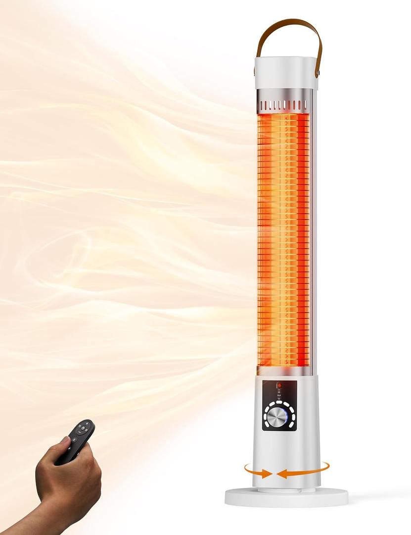 Patio Heater for Outdoor Use, Infrared Electric Outdoor Heater, 1500W Instant Heating, 60-Degree Oscillation, 9 Heat Levels, 9H Timer, Remote, for Garage, Backyard, Large Room, Indoor, 32", White 