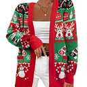 Ugly Christmas Cardigan Sweaters Women: Xmas Knit Sweater Cardigans Oversized Open Front Outerwear with Pockets Green Red