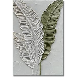 Art Hand-painted white and green leaf texture oil painting, modern abstract art. The size is 24x36 inches. It is suitable as a wall decoration for a home office, or as an art piece for display