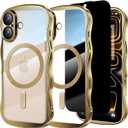 Misscase for iPhone 16 Case with Privacy Screen Protector,Compatible with MagSafe,Cute Wave Frame Anti-Scratch Case with Camera Lens Protector Plating Bling Case for iPhone 16 6.1" Women Gold