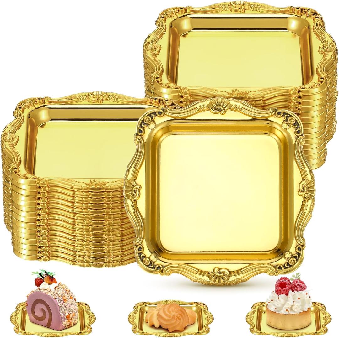 LemonRoad 50 Pcs Gold Mini Square Baroque Dessert Display Trays Mini Elegant Plastic Serving Trays Small Cake Candy Plates for Weddings Parties Hotels Large Celebrations, 3"x3"
