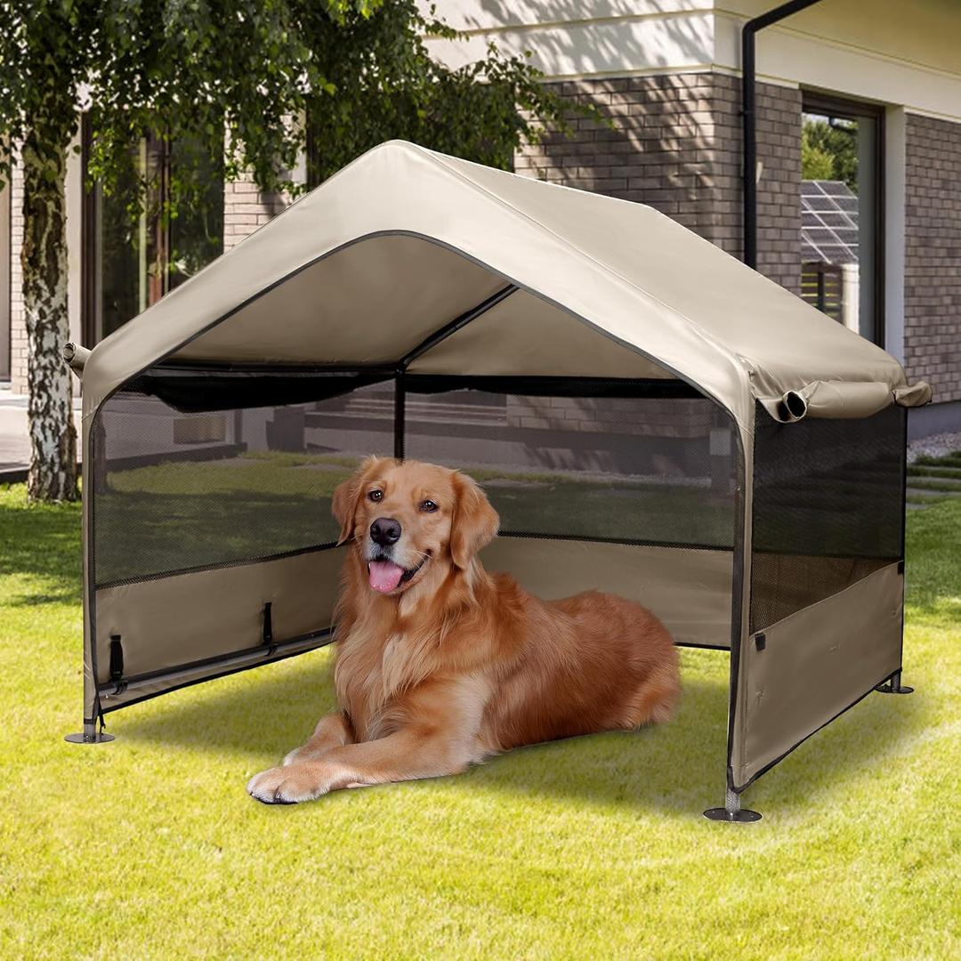 Summertrail Extra Large Dog House Outside, Dog Tent Outdoor, Big Dog Shade Shelter Doghouse Canopy with Three-Sided Mesh Windows, Sun Rain Cover for Pet Cat Livestock 4'x 4'x 3.3' Khaki