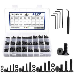 1500pcs Screws Assortment , M2 M3 M4 M5 10.9 Grade Alloy Steel Hex Flat Head Cap Bolts Nuts Washers Assortment Kit with Hex Wrenches, A Black Hex Flat Head Cap Bolts, (M2-M5-1500)