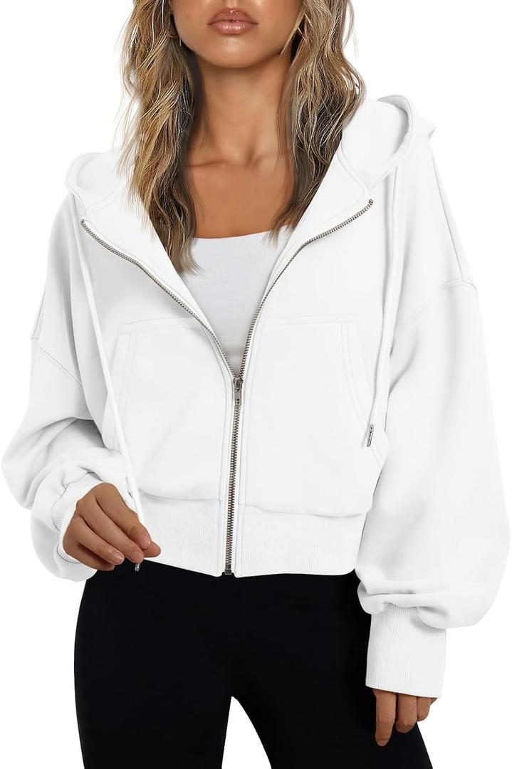 Trendy Queen Womens Zip Up Hoodies Cropped Jackets Fall Outfits 2026 (White, L)