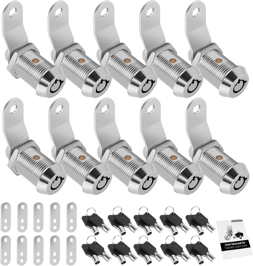 10 Pack Cabinet Lock with Keys, RV Storage Locks, 7/8 Tubular Cam Lock Keyed Alike, RV Locks for Storage Door Camper Cabinet Toolbox RV Cam Locks with Manual