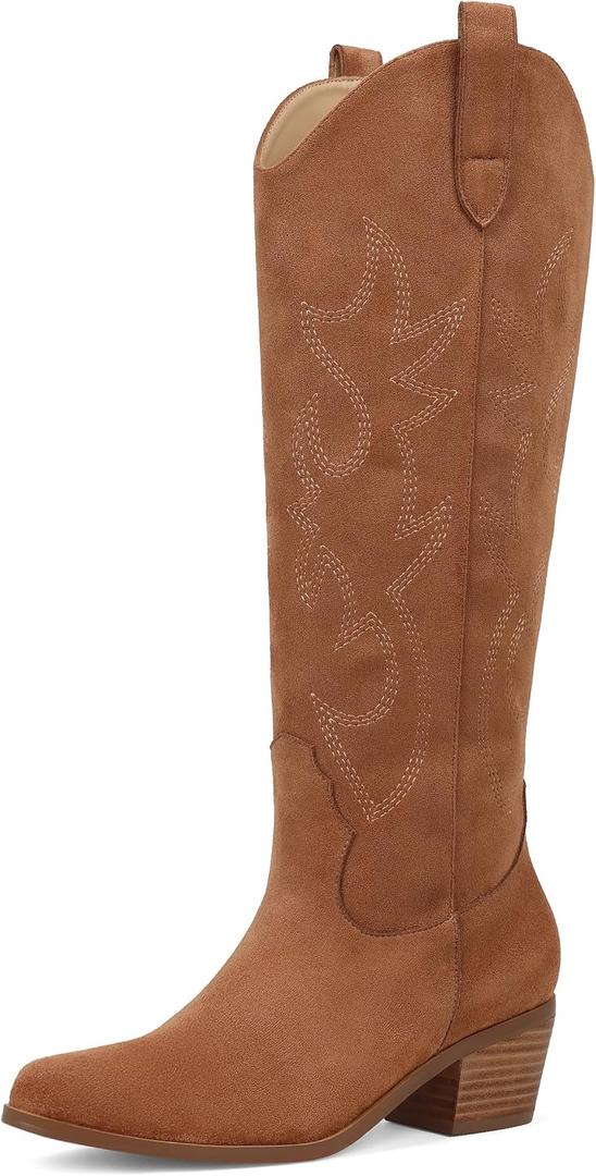 Erocalli White Cowgirl Boot Cowboy Boots for Women Embroidered Pull-On Chunky Stacked Heel Knee High Western Boots 7