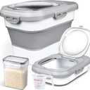 Rice Storage Container, Collapsible Airtight Food Storage Containers with Clear Lid and Wheels, Rice Dispenser with Scoop for Flour Cereal Pasta Grain, Cat Pet Bird Dog Food Storage Container