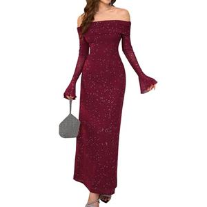 KUTUMAI Women Off Shoulder Bodycon Maxi Dress Long Sleeve Mesh Ruched Party Formal Wedding Guest Dresses Sequin Wine L