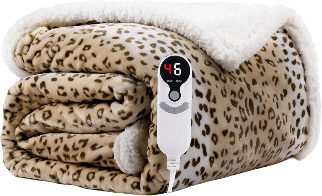 Electric Heated Blanket Twin Size 62"x84" - Microplush & Sherpa Fabric Dual-Sided, 9 Heat Settings & 10 Hours Auto Off, Cozy Warming Throw for Office or Bed, Machine Washable, Beige Leopard Print