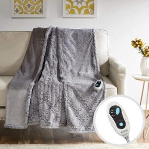 Beautyrest Brushed Long Fur Electric Throw Blanket Ogee Pattern Warm and Soft Heated Wrap with Auto Shutoff, 50 in x 60 in, Grey
