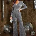 shengfan Elegant Sexy Sparkly Jumpsuits for Women Casual Long Sleeve Deep V Neck Sequin Clubwear Party Wide Leg Pants Rompers(Grey,Medium)