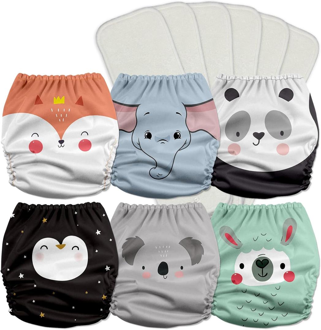 Mama Koala 3.0 Pocket Cloth Diapers for Babies with AWJ Lining, 6 Pack with 6 5-Layer Natural Cloth Diaper Inserts - Reusable and Washable Pocket Diapers(A-Love Animals)