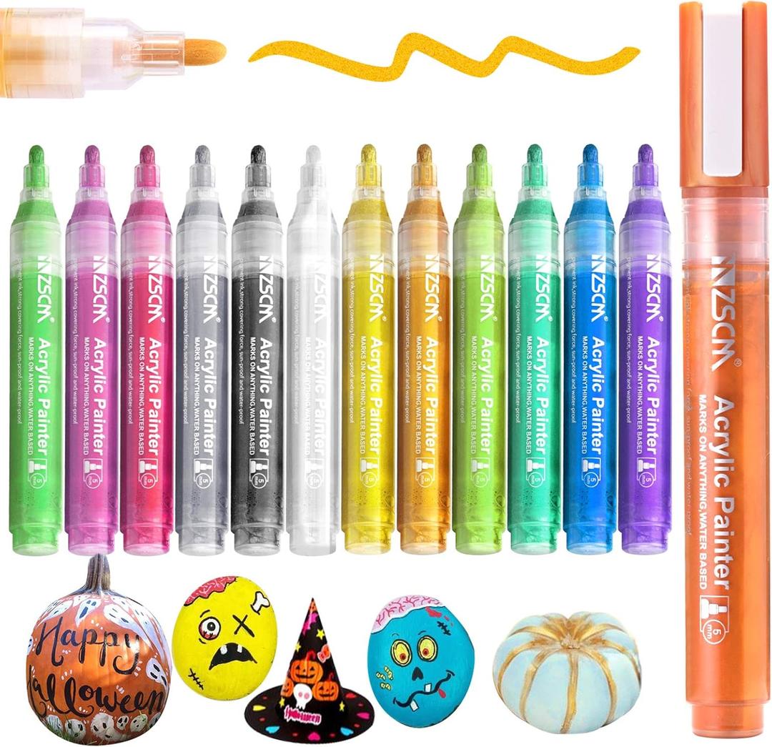 Paint Pens Acrylic Markers, ZSCM 12 Colors Paint Markers for Halloween Pumpkin Painting, Metallic Art Marker, for Adults Card Making, Rocks Painting, Wood Slices, Pumpkin Decoration