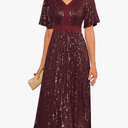 GRACE KARIN Women's Sequin V Neck Ruffle Sleeve Empire Waist Sparkly Glitter A Line Cocktail Formal Dresses, Wine Red Medium