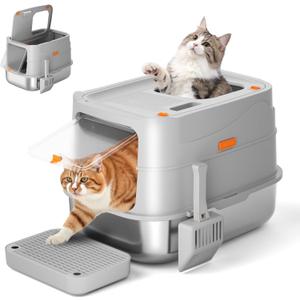 Extra-Large Stainless Steel Cat Litter Box with Lid, Dual Entry Design (Front & Top), Leak-Proof & Odor-Free, Easy to Clean Metal Kitty Litter Pan with Scoop & Filter Pedal