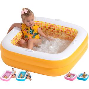 Baby and Toddler Pool with Cushioned Floor, Handles & Drain, 34"x10" Skin Safe Small Square Inflatable Kiddie Pool Portable Bathtub and Ball Pit, Summer Outdoor Gift for Babies, Infants & Toddlers 1-3