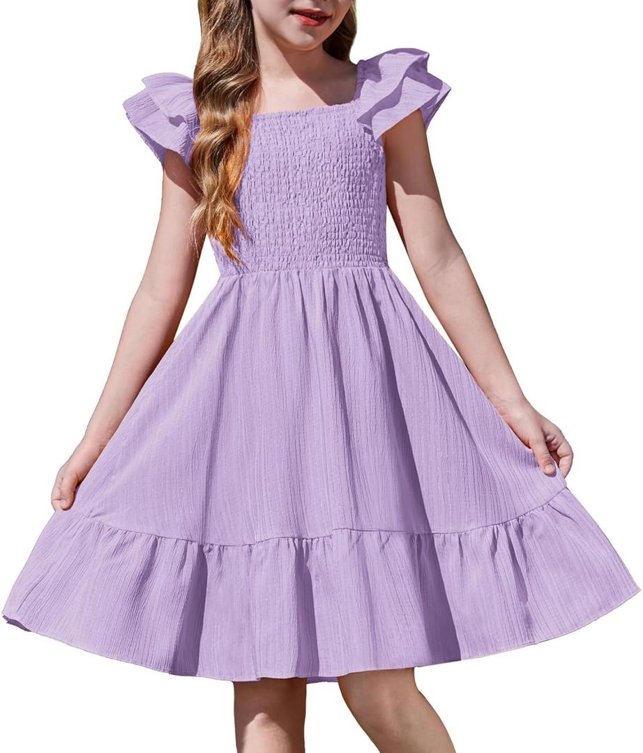 Arshiner Lilac Dress for Girls Off Shoulder Double Pleated Sleeve Smocked Easter Holiday Tween Dresses Size 14-16