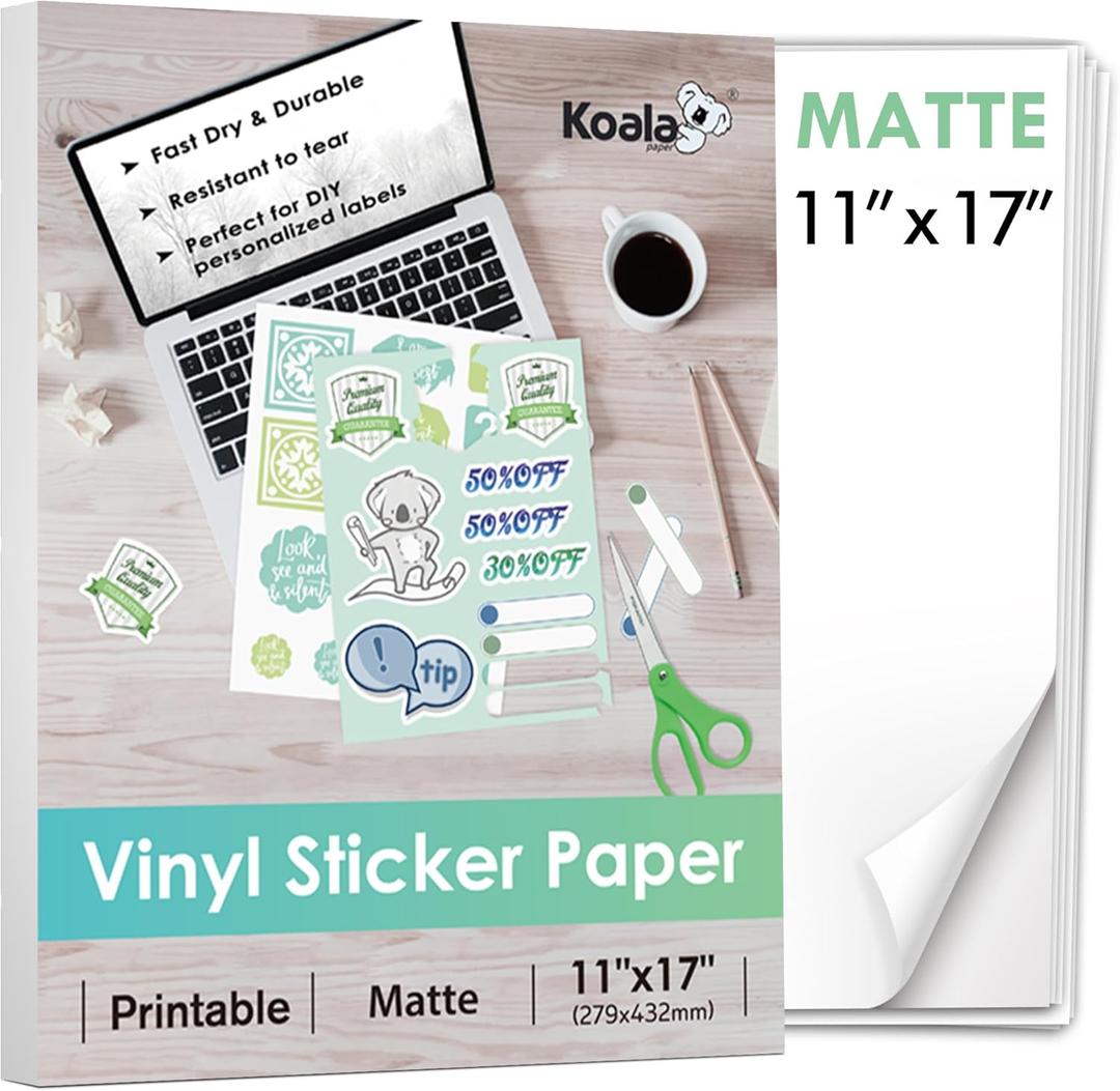 Koala Printable Vinyl Sticker Paper for Inkjet Printer 11x17 Inch - 10 Sheets Matte White Sticker Printer Paper, Waterproof Sticker Paper, Tear-Resistant, Removable