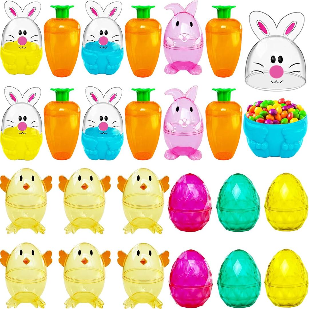 Alaeseje 24 Pack Easter Plastic Fillable Containers,Clear Carrot Bunny Chick Shaped Treat Containers,Colorful Diamond Eggs for Easter Hunt Party,Basket Stuffers Filler