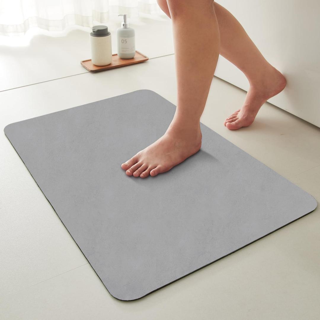 Bathroom Mat Quick Dry, Bathroom Rugs Non Slip Washable Thin Absorbent Bath Mat Fits Under Door Bathroom Floor Mat Perfect for Bath, Shower, or Sink 16"x24" Light Grey