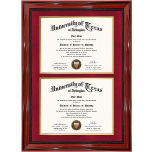GMFrames Double 8.5x11 Diploma Certificate Frame, Solid Wood & Tempered Glass, Cherry Lacquer Finish & Intricate Rope Detail, Red over Gold Mat