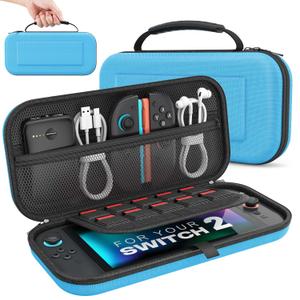 MoKo Carrying Case for Nintendo Switch 2 2025, Protective Hard Shell Portable Travel Carry Case Pouch Holds 10 Cartridges w/Pockets for Switch 2 Accessories and Games, Blue
