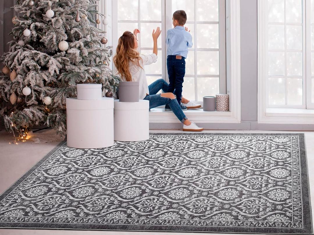 Antep Rugs Alfombras Non-Skid (Non-Slip) 5x7 Rubber Backing Floral Geometric Low Profile Pile Indoor Area Rugs (Gray/Black, 5' x 7') (Grey)