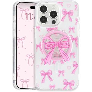 Magnetic Case for iPhone 15 Pro, 3D Pink Magnetic Stand Bowknot Phone Case, Cute Pink Clear Bow Aesthetic Design Soft Durable TPU Transparent Protective Cover for Women Girls-03