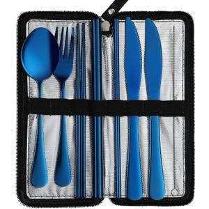 VANDBAO Camping Utensils Set, Portable Travel Utensils with Case for Fixing Tableware, Reusable Stainless Steel Cutlery Set, Includes Extra Steak Knife and Boba Straw, Lunch Flatware Silverware