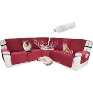 Waterproof Sectional Reclining Couch Covers L Shaped Recliner Sectional Sofa Cover 7 Piece Non Slip Washable Corner Recliner Slipcover Set for Pet Dog (5 Seater Cover, Red)