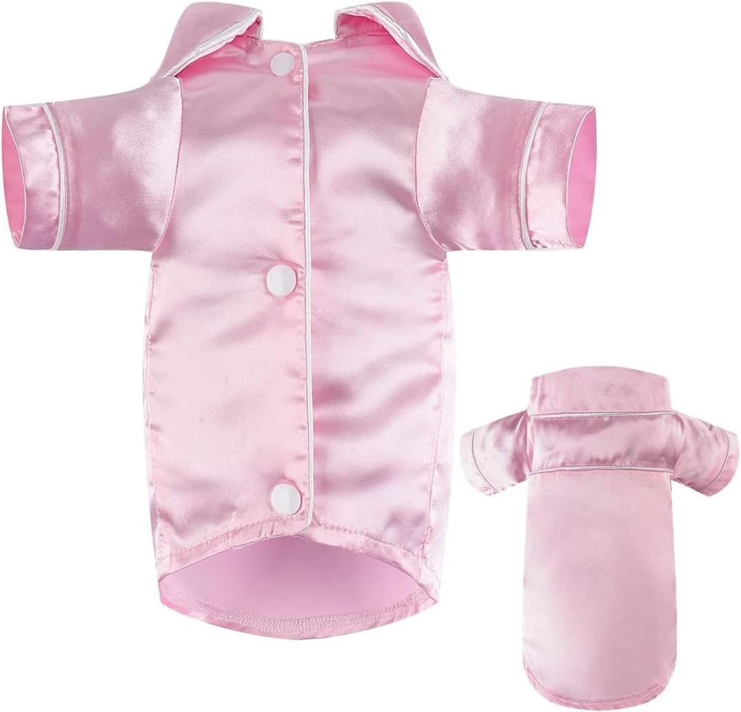 Dog Silk Pajamas Dog Shirts for Small Dogs Satin Pjs Two-Legged Puppy Clothes Lapel Sleepwear Cat Outfit (Pink, S)