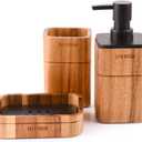 Bathroom Accessory Set Acacia Wood 3 Pieces Includes Bathroom Soap Dispenser, Bathroom Tumbler, Soap Dish Accessories for Bathroom Decor and House Warming Gift