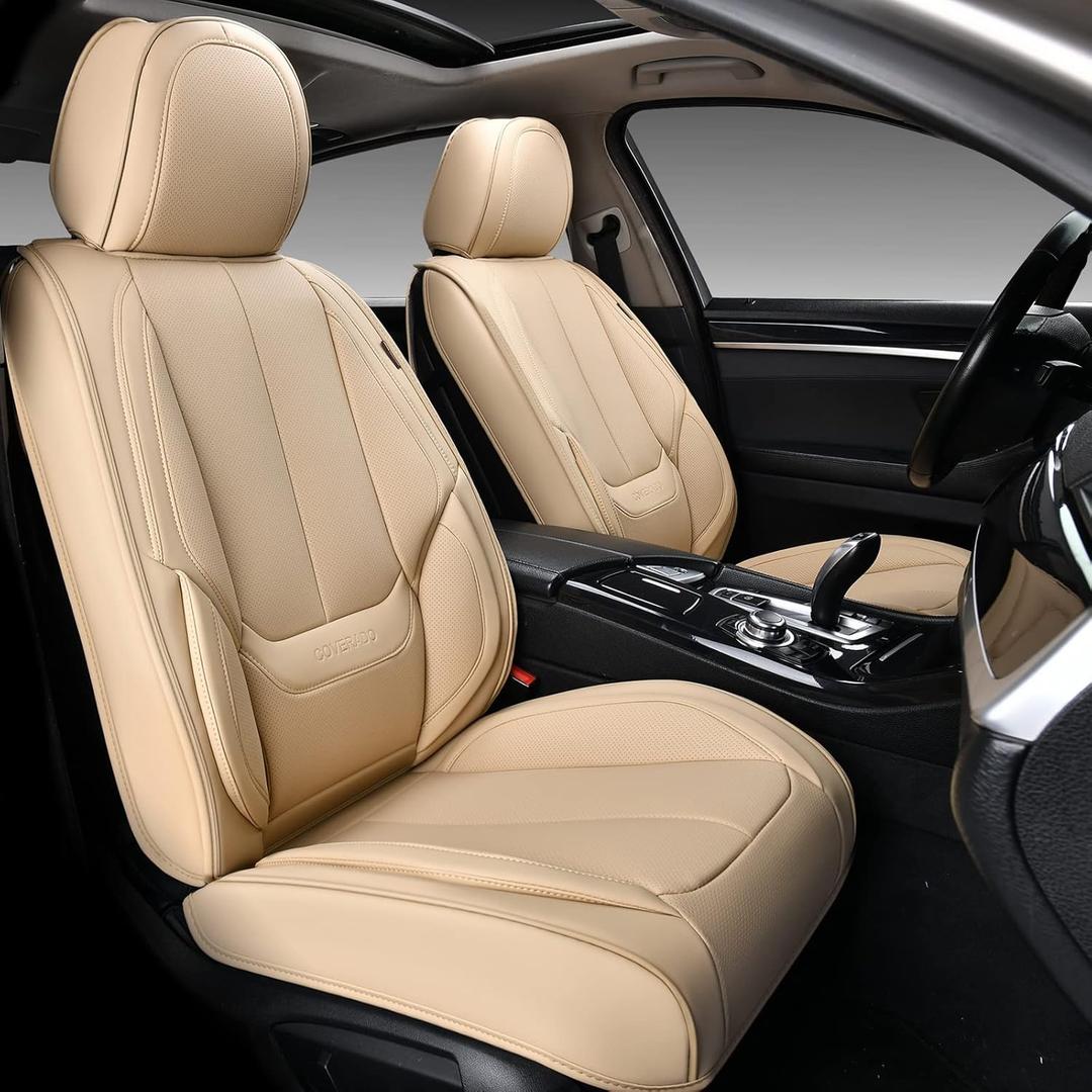 Coverado Front Seat Covers, 2 Pieces Universal Seat Covers for Cars, Waterproof Nappa Leather Sideless Auto Seat Protectors, Car Seat Cushions Universal Fit for Most Sedans SUV Pick-up Truck Beige (FrontPair&Side-exposed, Beige)