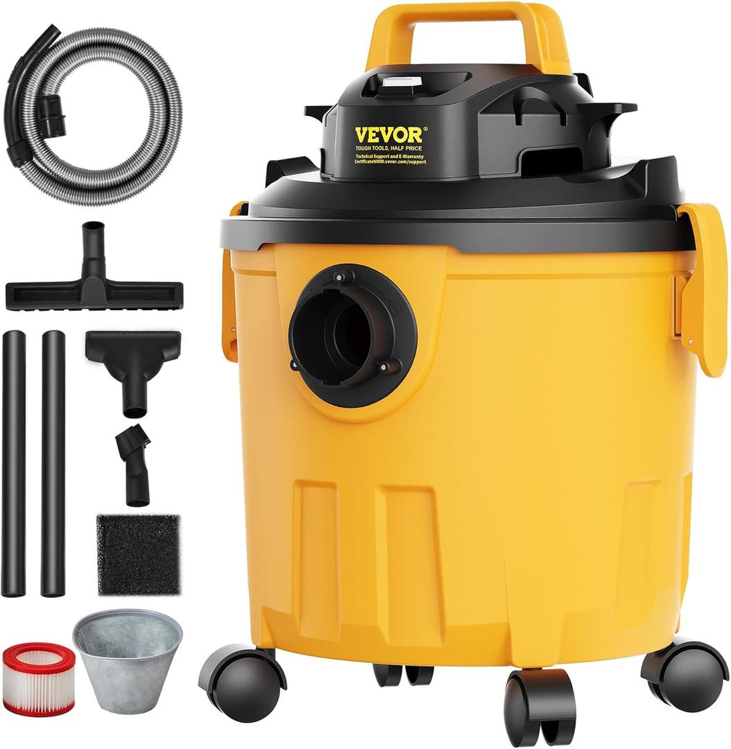 VEVOR 5 Gallon 6.0 Peak HP Wet and Dry Shop Vac Portable Shop Vacuum and Blower 3-in-1 with Filter, Hose and Attachments for Home and Car Cleaning Black/Yellow (Plastic)