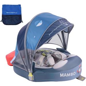 Mambobaby Non-Inflatable Baby Pool Float with Canopy, 3-24 Months | Signature blue penguin design with UPF 50+ sun shade, 5-point harness, and anti-flip support for stable water play