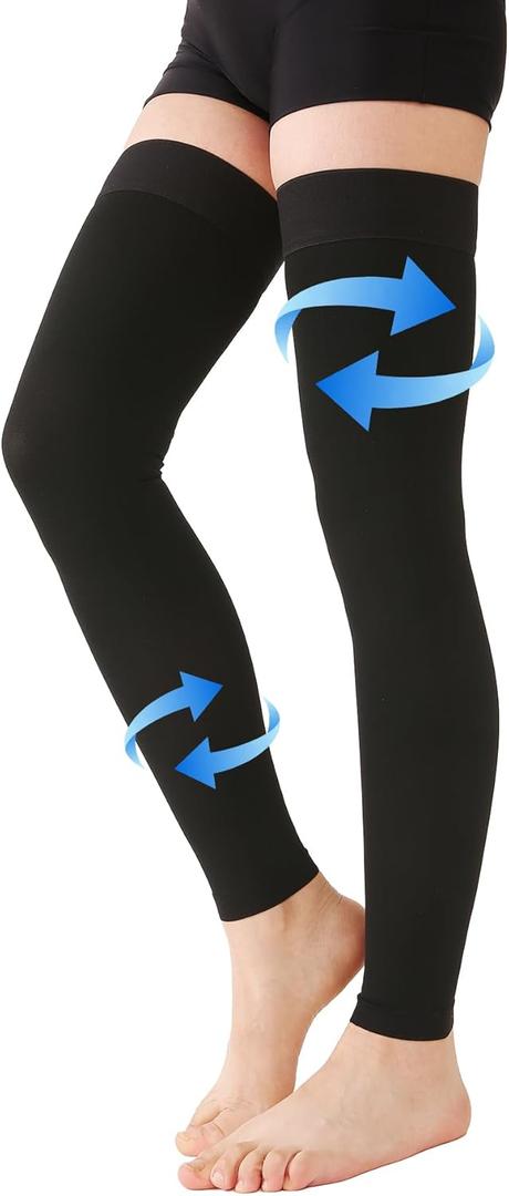 KEKING Thigh High Compression Stockings Footless, Unisex, 20-30mmHg Leg Support Compression Sleeves with Anti-Slip Silicone Band, Opaque, Treatment Swelling, Varicose Veins, Edema, DVT, Black Small