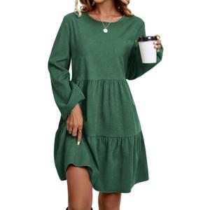 Ladies' Long-Sleeved Mid-Length Dress with a Round Neck and a Waist-Highlighting Short Style for Autumn Casual (Green, XL)
