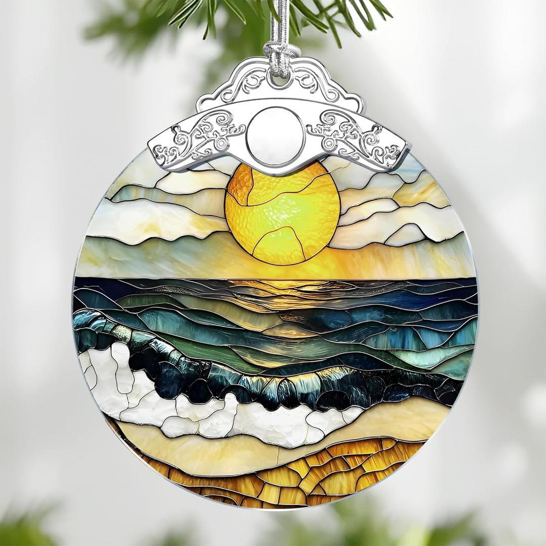 Beach Sunset Stained Glass Ornament, Christmas Ornaments Christmas Tree Decorations, Holiday Decor, Stocking Stuffer, Gift Idea, Summer Vibes Gift, Gifts for Beach Lover, Friend, and Faimly