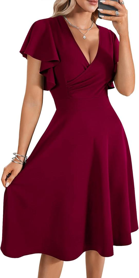 LYANER Women's Warp V Neck Ruffle Short Sleeve A Line Swing Flared Cocktail Party Midi Dress (Medium)