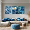 Arjun Blue Abstract Butterfly Canvas Wall Art Water Lily Painting Zen Stones White Lotus Flower Teal Turquoise Pictures Framed for Living Room Bedroom Bathroom Spa Salon Home Office Wall Decor (12"x16"x3 Panels)