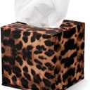 Leopard Cube Tissue Box 5.3 Inch PU Leather Square Modern Napkin Holder with Magnetic Closure for Living Room Bathroom Home Decor