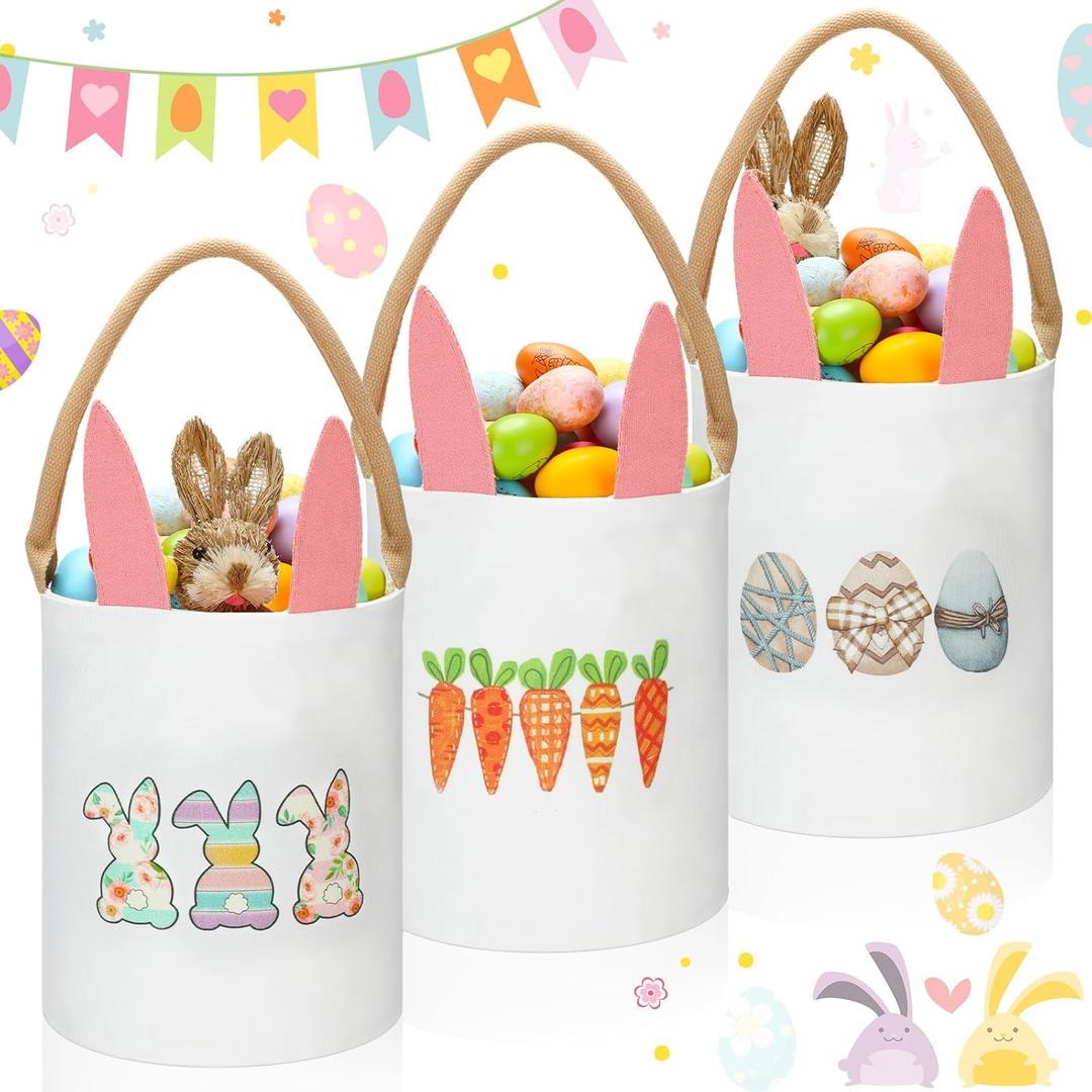 Paterr 3 Pcs Easter Bunny Baskets Large Canvas Easter Candy Egg Bags Cotton Fabric Cloth Cute Pink Rabbit Carrot Bow Print Egg Bucket Tote with Rabbit Ear and Handle for Egg Hunt Party Favors